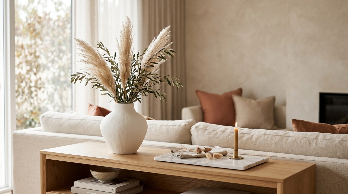 Decorative ceramic vase and marble tray styled in a modern living room